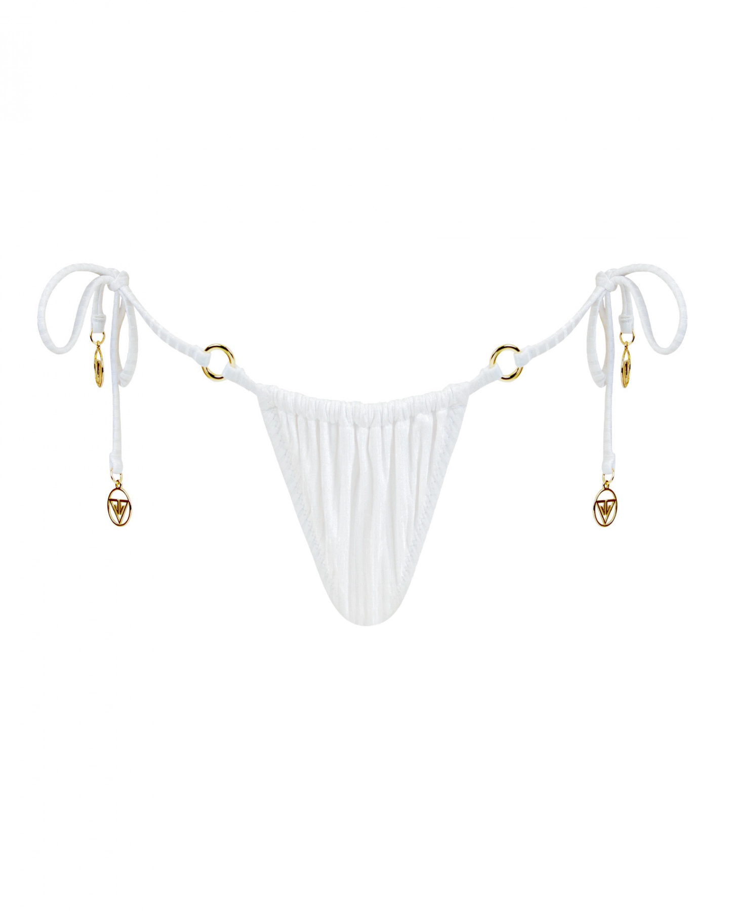 White Striped Side Tie Ruched Thong Low Rise Bikini Bottom S Vivien